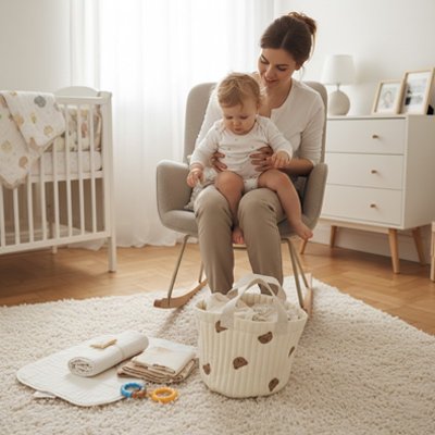 Mère et bébé avec panier de rangement bebe ourson