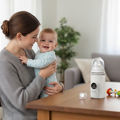 Mère et bébé heureux avec chauffe biberon intelligent 3 en 1
