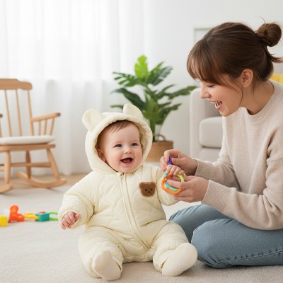 Mère et enfant dans combinaison bebe ourson douillet