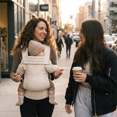 Mère et enfant heureux avec porte bebe ergonomique chou