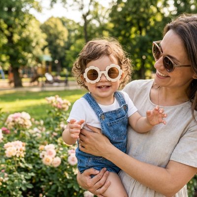 Mère et fillette avec lunette de soleil bebe fleur coquette