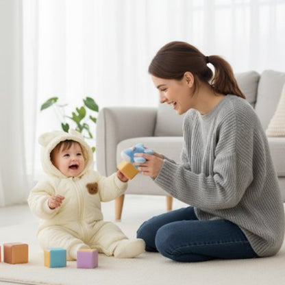 Mère joue avec bébé dans combinaison bebe ourson douillet
