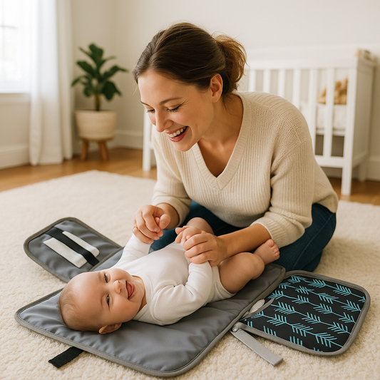 Mère joue avec bébé sur matelas à langer de voyage confort nomade