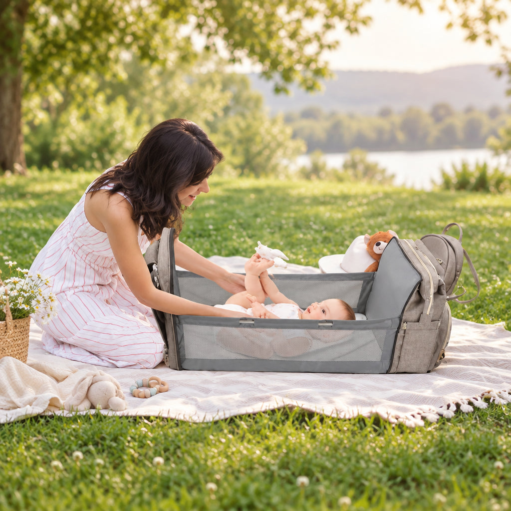 Mère joue enfant sac à dos à langer ergonomique gris