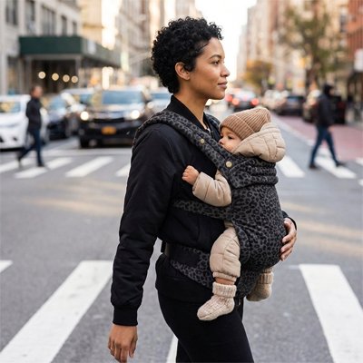 Mère marche en ville avec porte bebe ergonomique chouchou