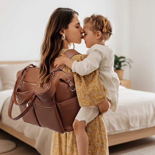 Mère-porte-sur-dos-sac-à-dos-à-langer-sophistiqué-et-enfant-dans-ses-bras