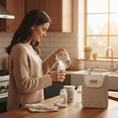 Mère prépare lait avec porte biberon isotherme intemporel
