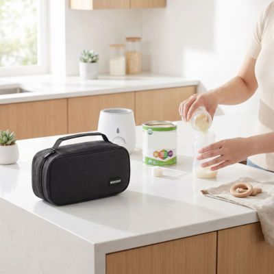 Mère prépare lait porte biberon isotherme nomade