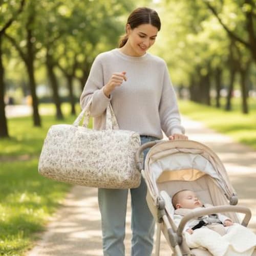 Mère promène poussette parc avec sac a langer matelassé  fleuri