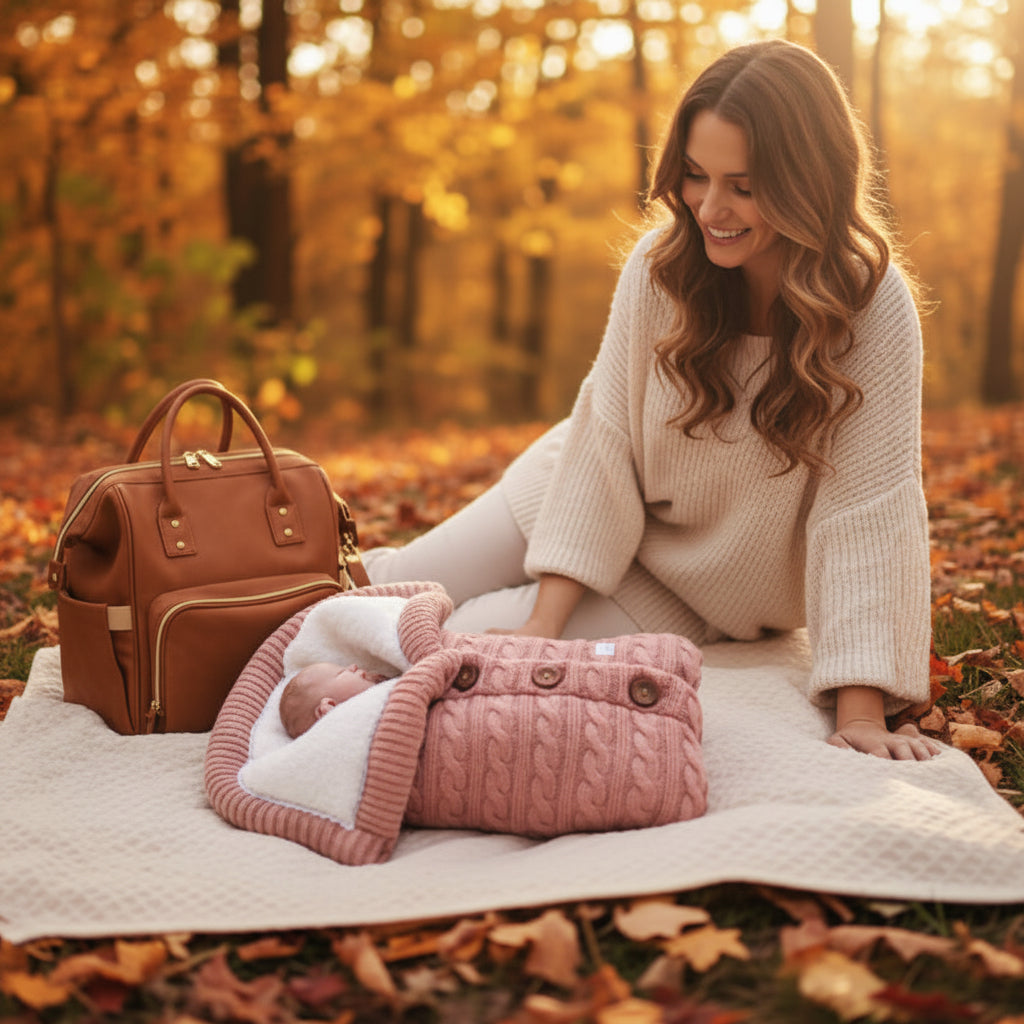 Mère regarde bébé dans lange d'emmaillotage thermique plus rose saumon