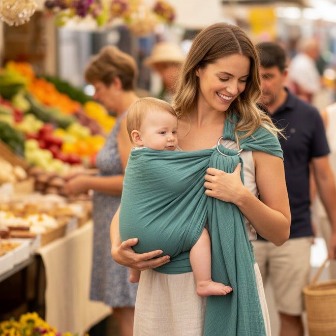 Mère au marché avec sling echarpe de portage physioconfort
