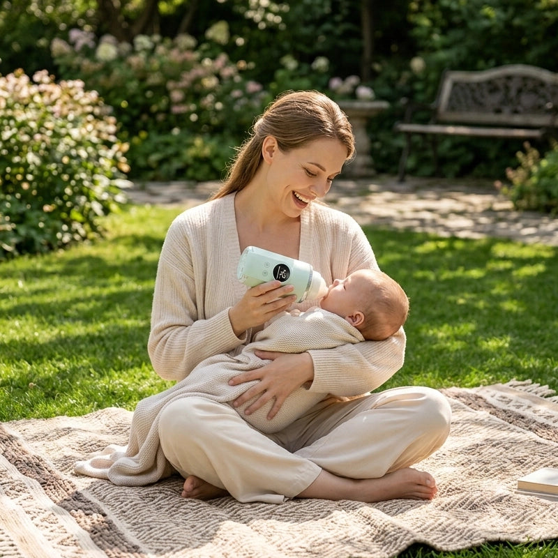 Mère au parc avec chauffe biberon nomade compact