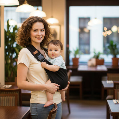 Mère au restaurant avec porte bébé écharpe ergonomique