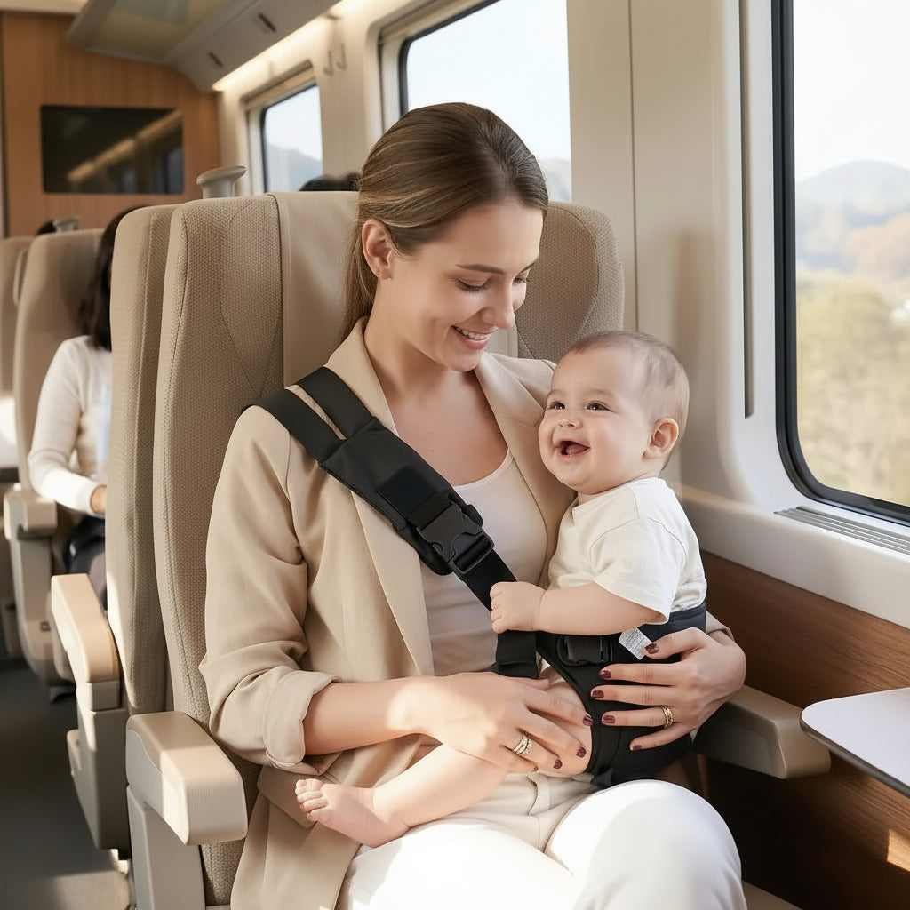 Mère dans train avec porte bebe hanche connexion noir