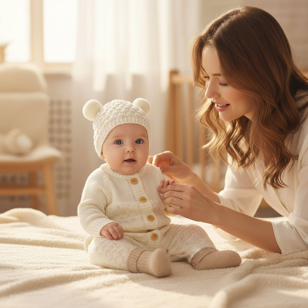 Mère habille poupon dans combinaison chaude bebe cocon cozy blanc
