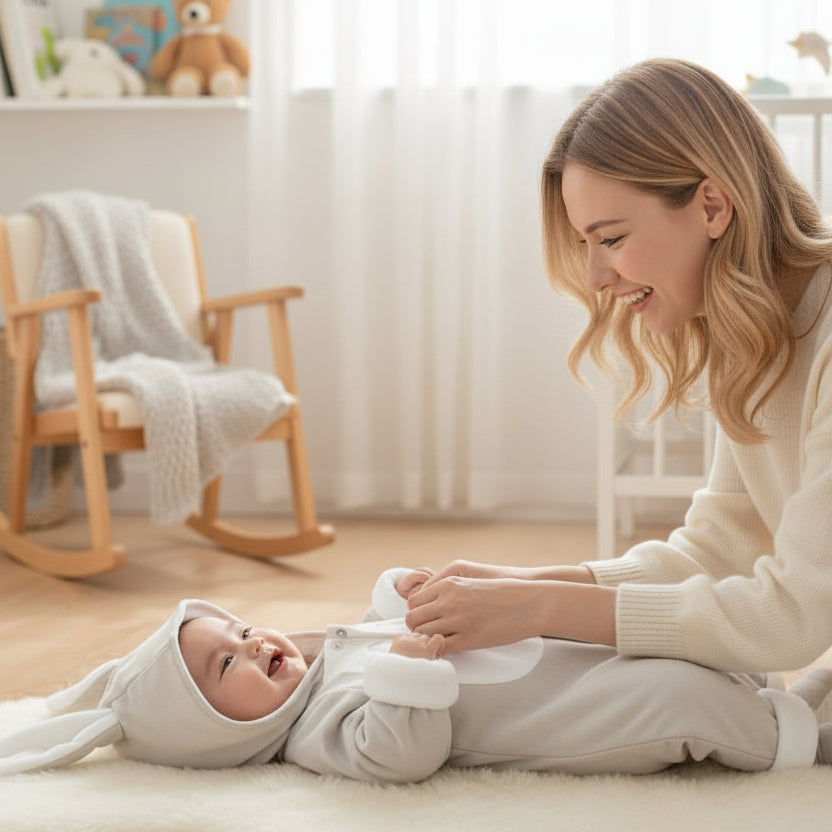 Mère joue avec poupon dans combinaison bébé polaire lapereau gris