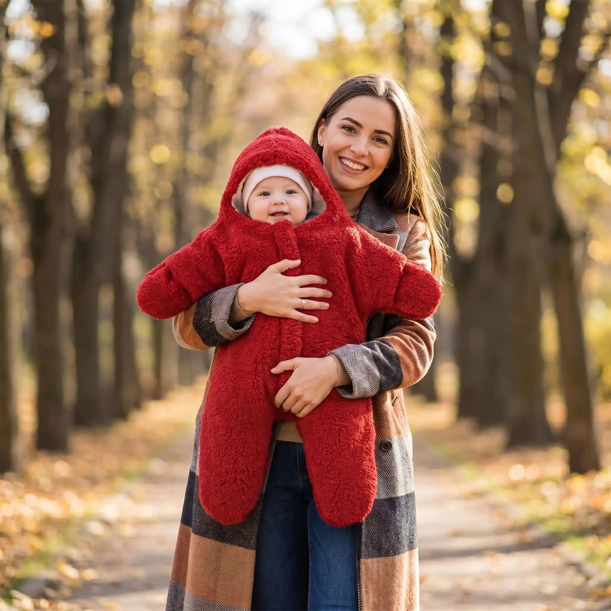 Mère marche avec combinaison polaire pour bebe confort nature rouge