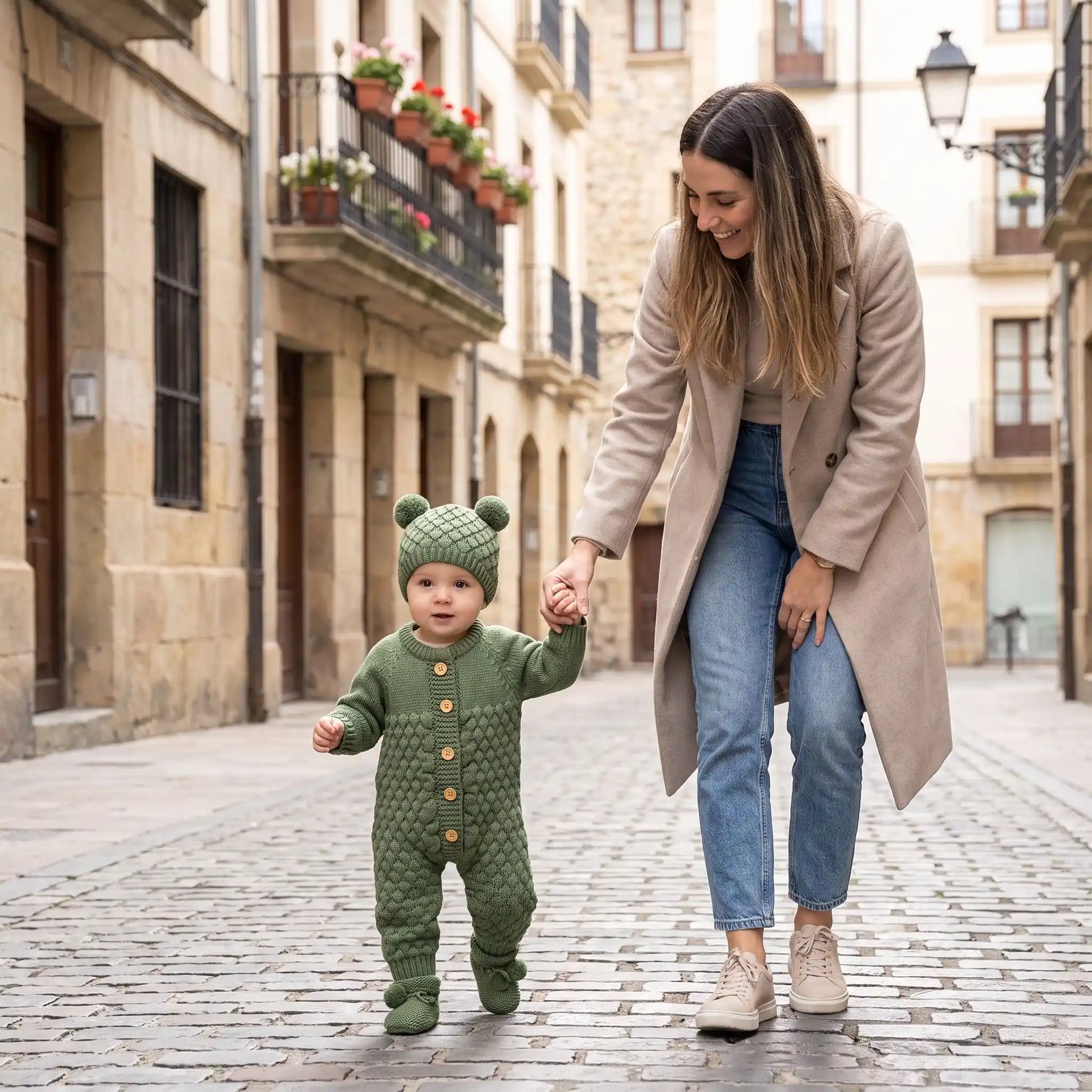 Mère marche avec poupon dans combinaison chaude bebe cocon cozy vert