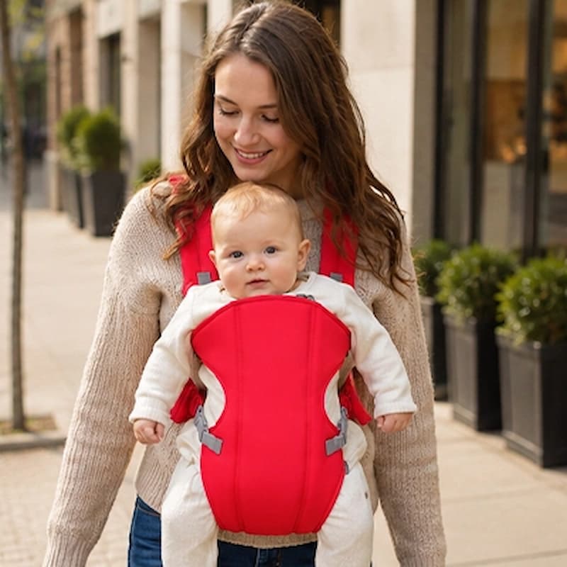 Mère marche heureuse avec porte bebe douillet
