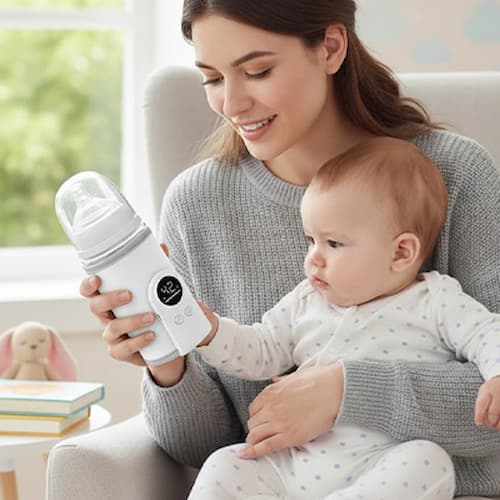 Mère observe température chauffe biberon intelligent 3 en 1