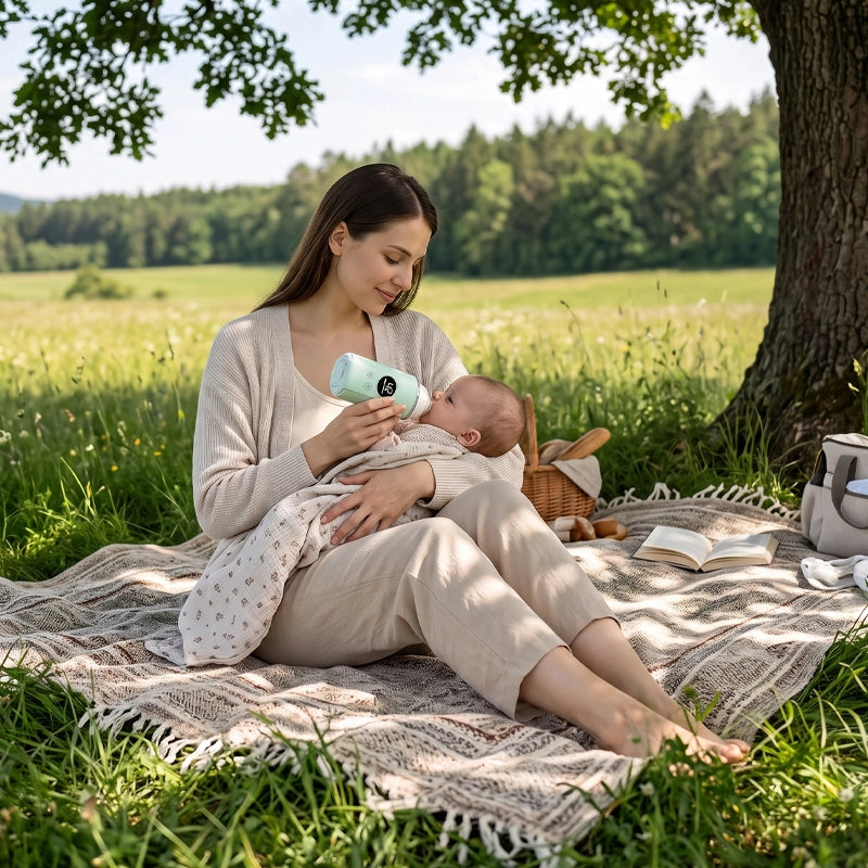 Mère sous un arbre avec chauffe biberon nomade compact