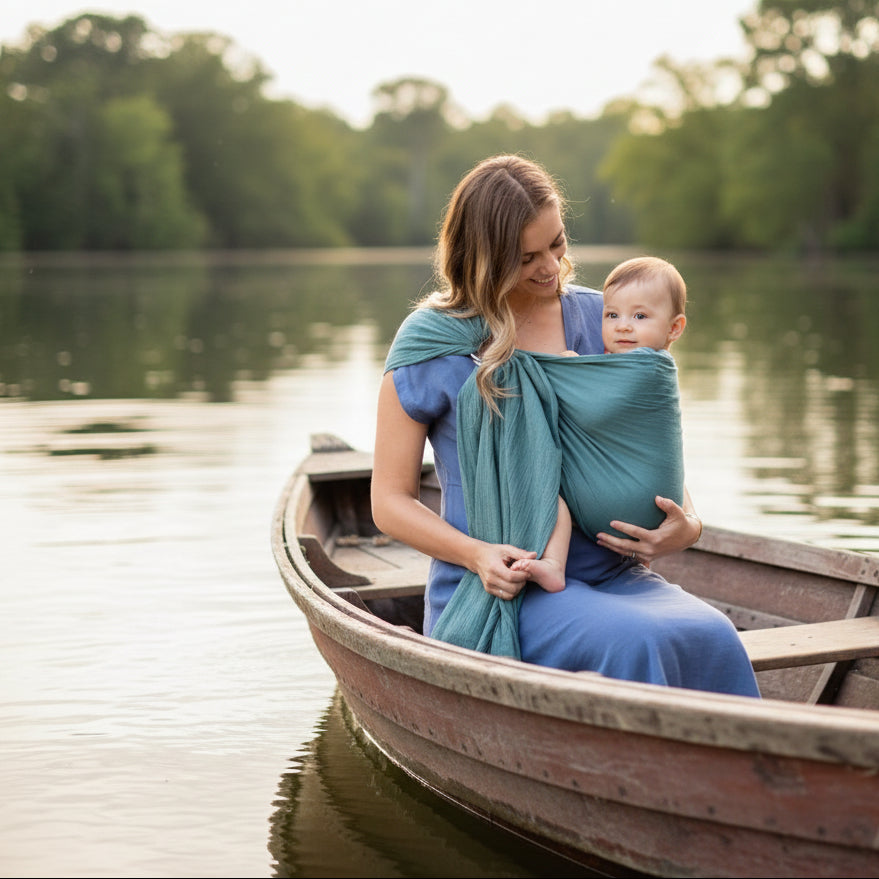 Mère sur canot avec sling echarpe de portage physioconfort