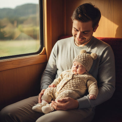 Papa dans train avec combinaison chaude bebe cocon cozy beige