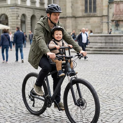 Papa avec enfant dans porte bebe velo balade