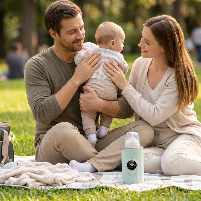 Parents et poupon avec chauffe biberon nomade compact
