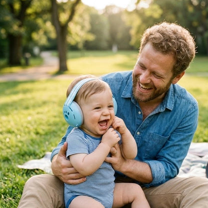 Père avec casque anti-bruit bébé cocon protecteur bleu