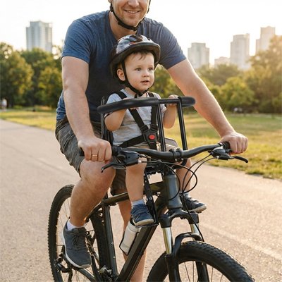 Père avec garçon dans porte bebe velo balade