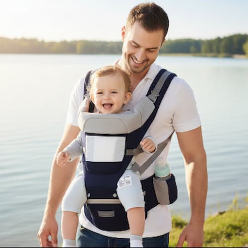 Père avec porte bébé polyvalent bleu foncé