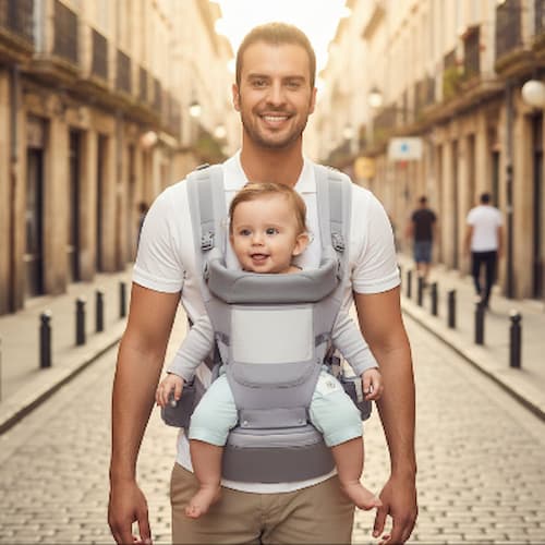 Père avec porte bébé polyvalent gris pale