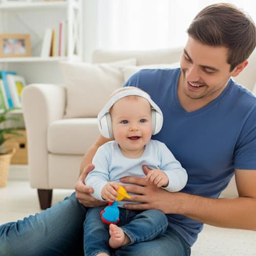 Père et enfant avec casque anti bruit bebe protection plus