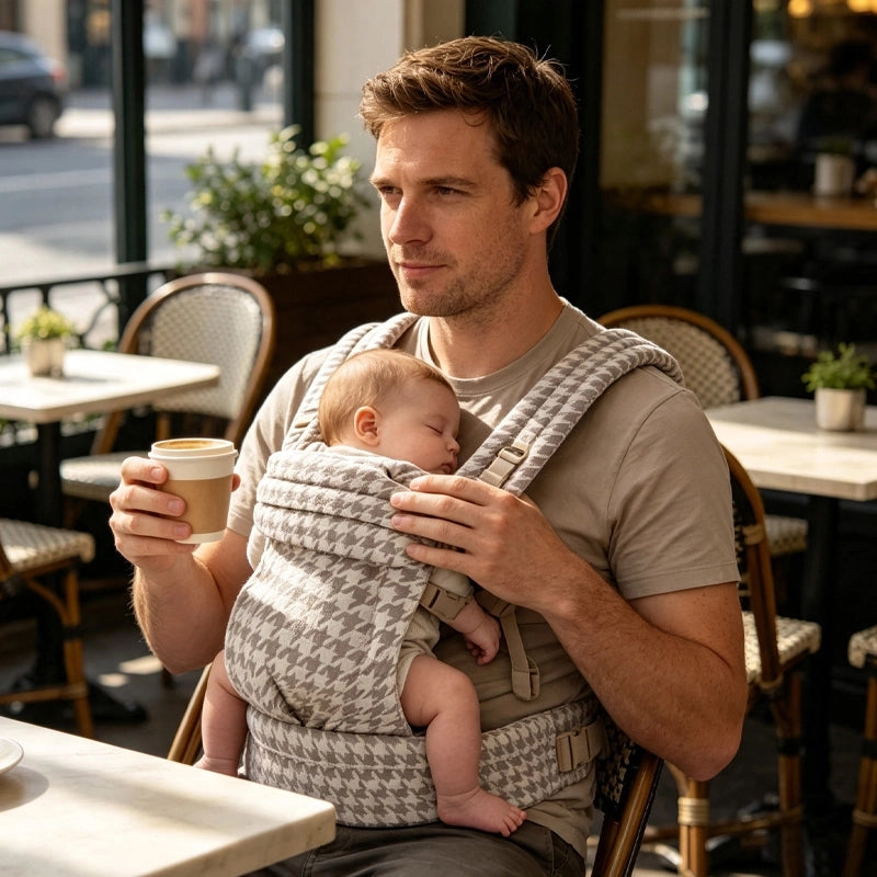 Père au café avec porte bébé kangourou liberté