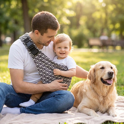 Père chien et enfant dans écharpe de portage physiologique hanche 