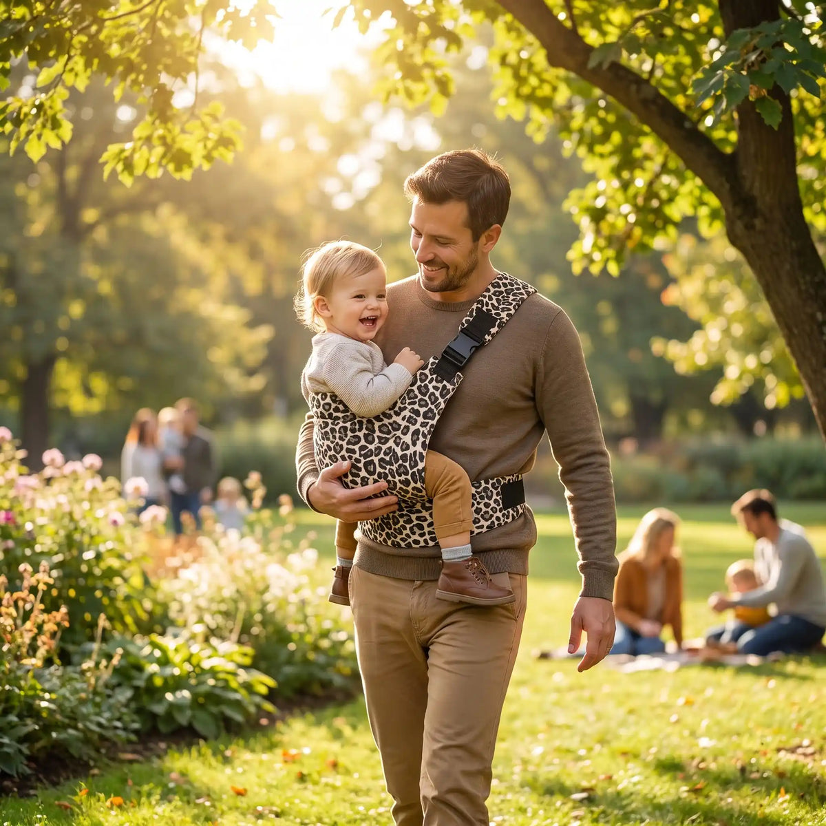 Père dans parc avec écharpe de portage physiologique mouvance