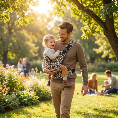 Père dans parc avec écharpe de portage physiologique mouvance