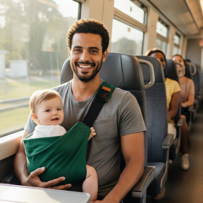 Père dans train avec porte bébé écharpe portage latéral 