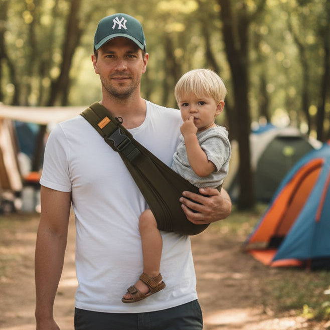 Père en camping avec porte bébé écharpe ergonomique