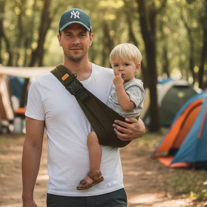 Père en camping avec porte bébé écharpe ergonomique