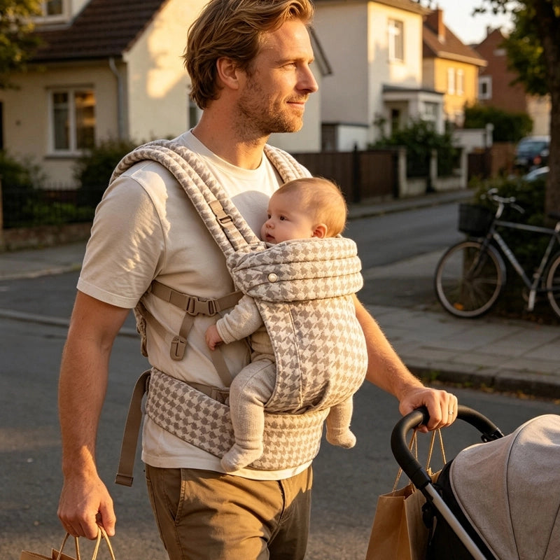 Père heureux avec avec porte bébé kangourou liberté.
