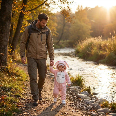 Père marche avec enfant dans combinaison-bebe-polaire-lapereau-rose