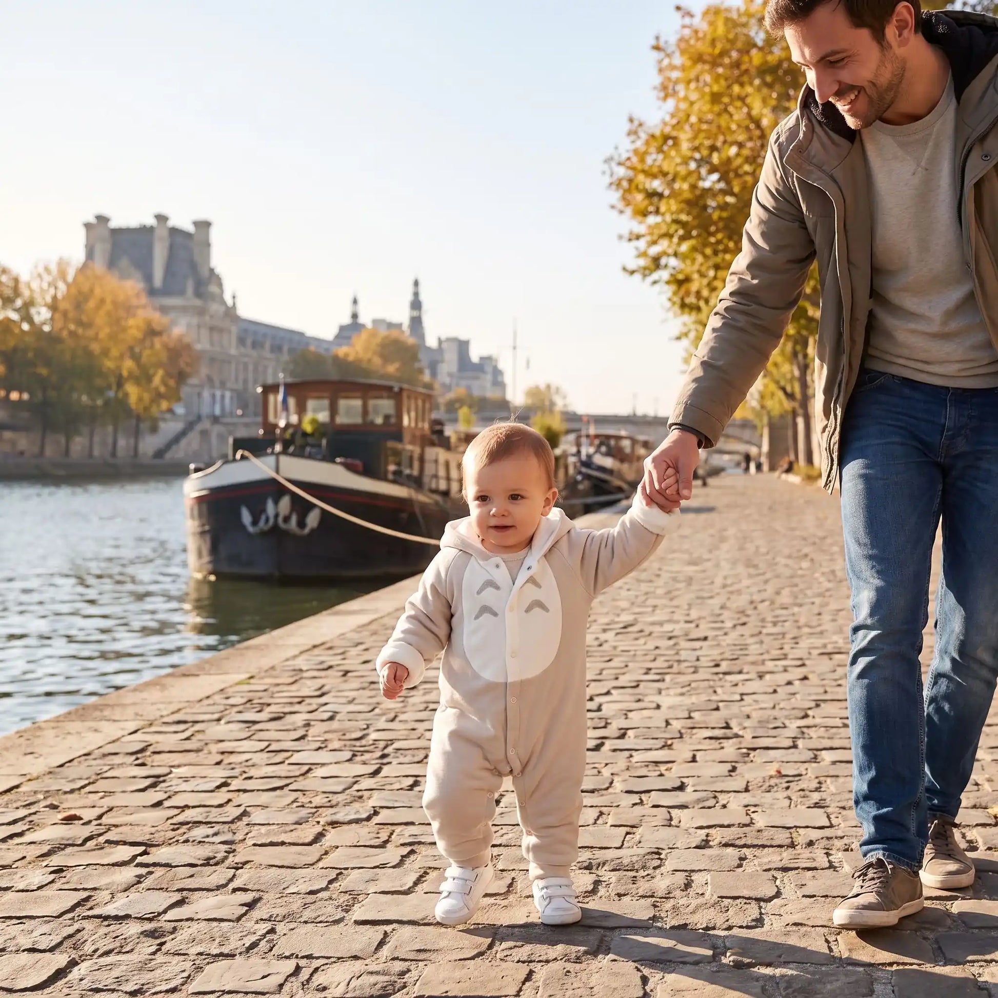 Père marche avec enfant dans combinaison bébé polaire lapereau gris