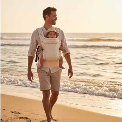 Père marche bord plage avec kangourou porte bebe fusion