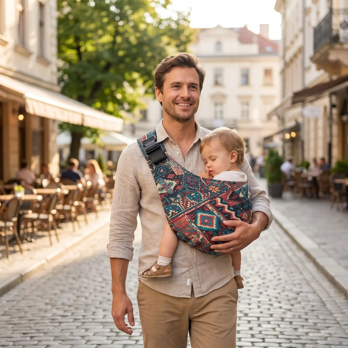 Père marche urbaine avec écharpe de portage tissée ajustable 