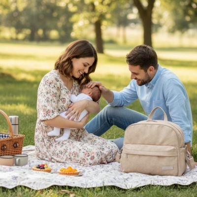 Pique-nique familial avec sac a dos a langer