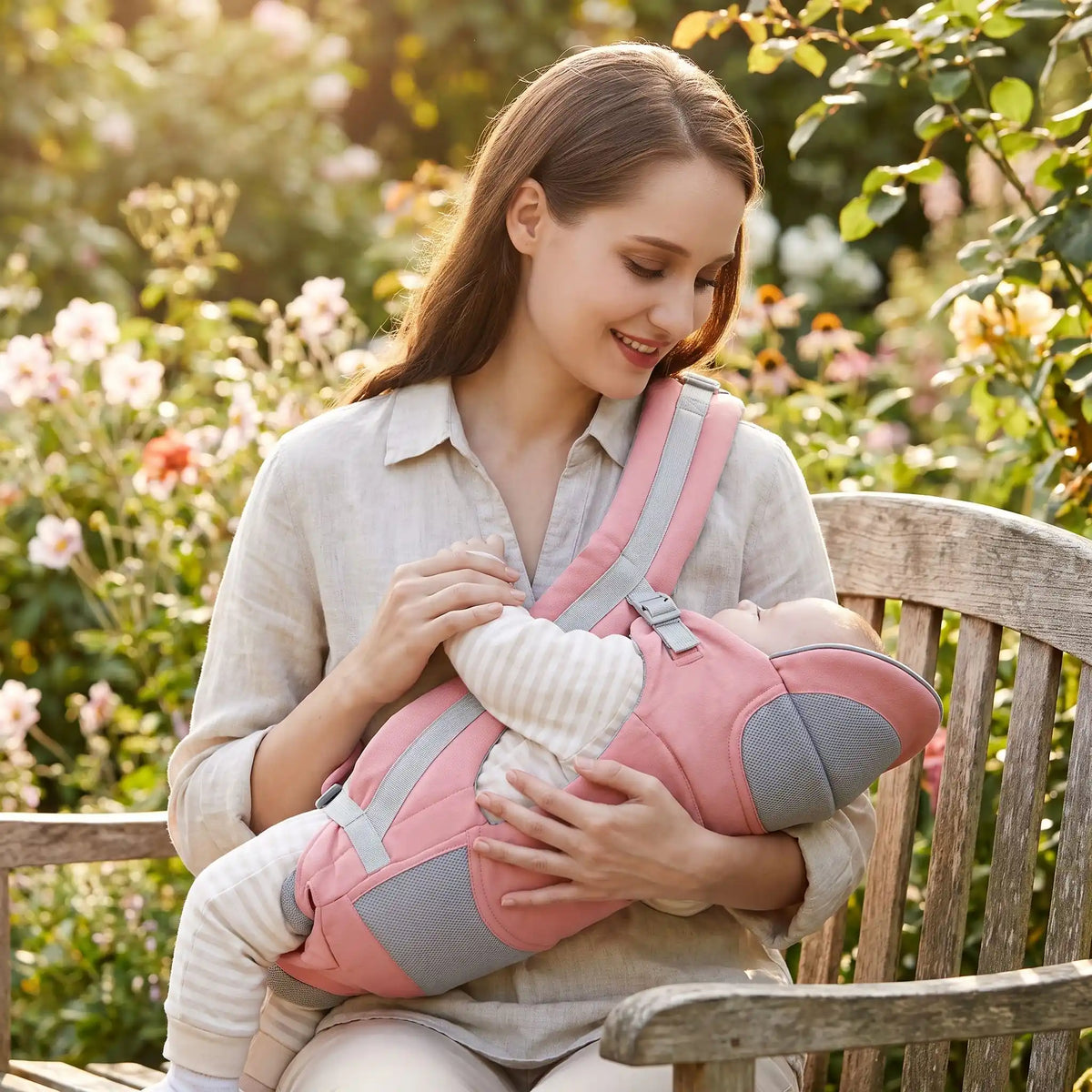 Porte bébé physiologique rose dans beau jardin