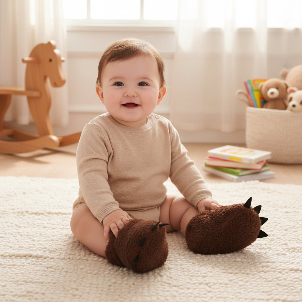 Poupon avec chausson bébé patte griffée rigolote marron