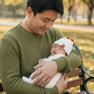 Poupon dans bras de papa avec bonnet pour bebe douce caresse